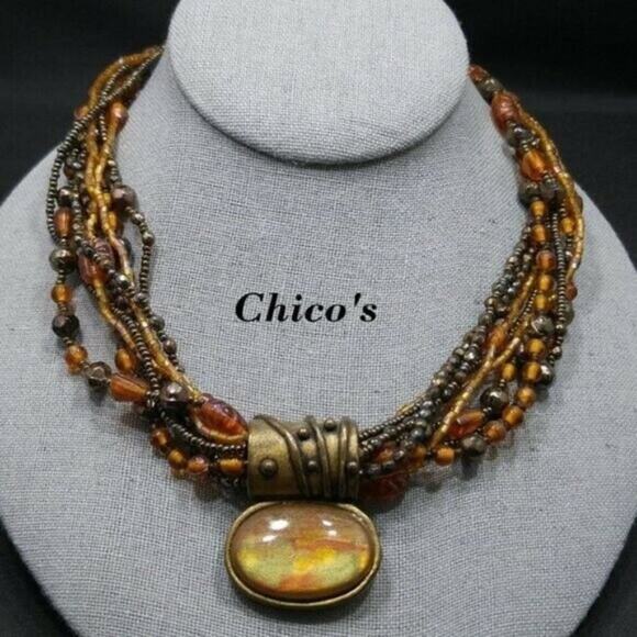 Chico's Seed Bead Multi Strand Pendant Necklace, Autumn Tones, 8 Strands, 20 In - Picture 1 of 12